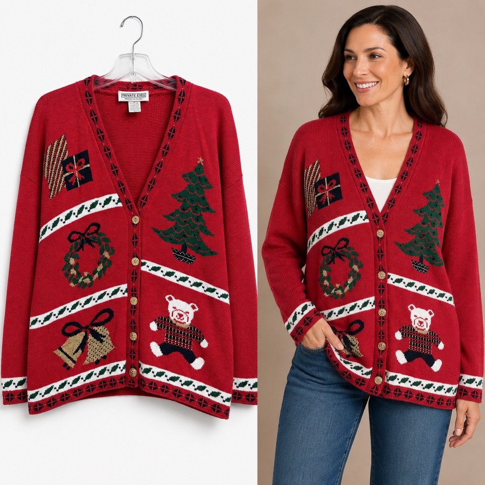 Vintage Private Eyes Christmas Cardigan XL Red Vintage Ugly Sweater Bear 90s